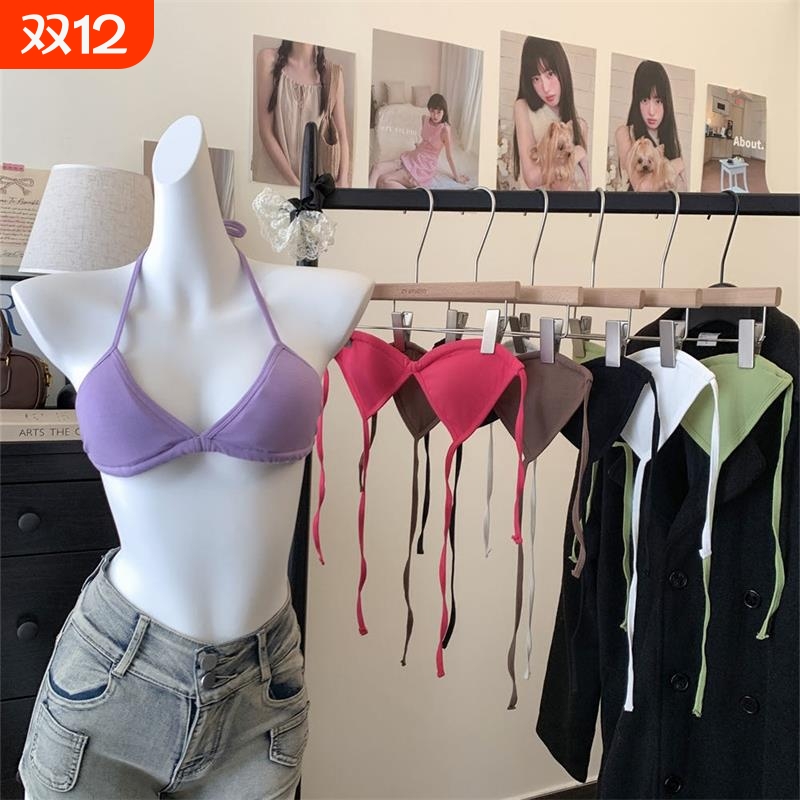 度假风性感外穿挂脖吊带背心辣妹夏季绑带三角杯内衣比基尼上衣女