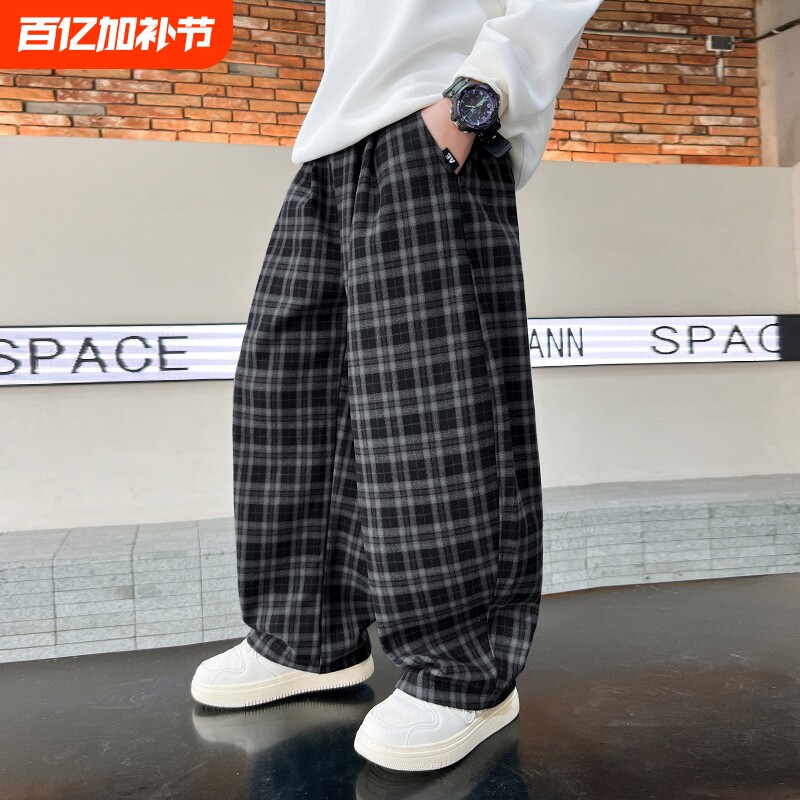 男童裤子春秋装2026新款儿童春装休闲裤大童男孩宽松百搭格子裤潮