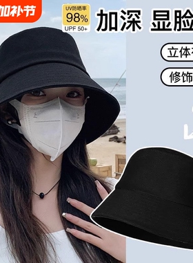 显脸小渔夫帽子女春夏季遮脸黑色防晒盆帽大头围大帽檐白色圆脸