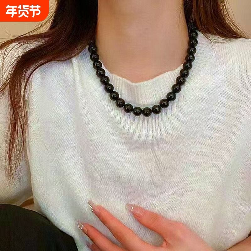 高质量2025创意圆珠黑项链乌金黑曜石项链简约百搭锁骨链金曜石链