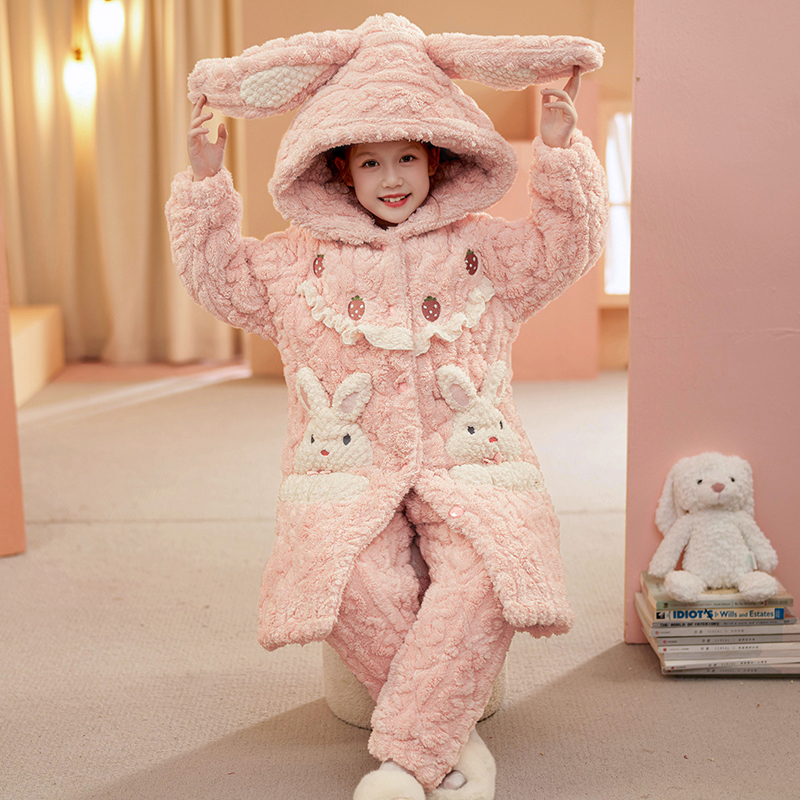 女童睡衣冬季法兰绒加厚睡衣套装