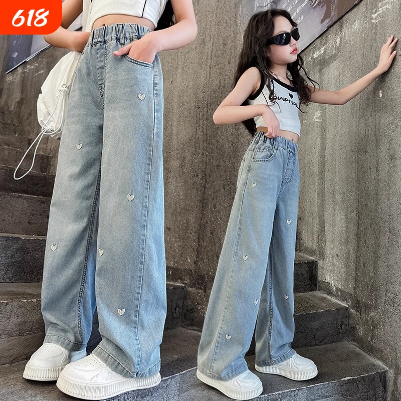 裤子女童2026新款春秋季加绒儿童长裤中大童阔腿女孩直筒牛仔裤潮