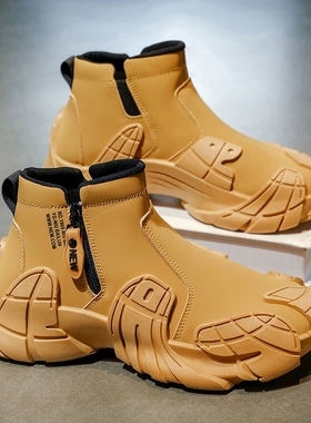 马丁靴男鞋秋季高帮工装皮靴男士休闲防水大黄靴防滑黑色耐磨灰色