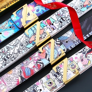 新款男士动漫涂鸦学生皮带网红字母Z平滑扣卡通腰带时尚潮流百搭