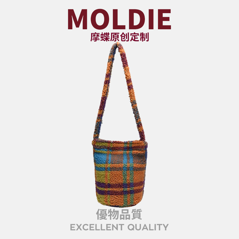 MOBAG&KUENA秋冬季拼色复古风毛呢水桶包大容量彩格子单肩斜挎包