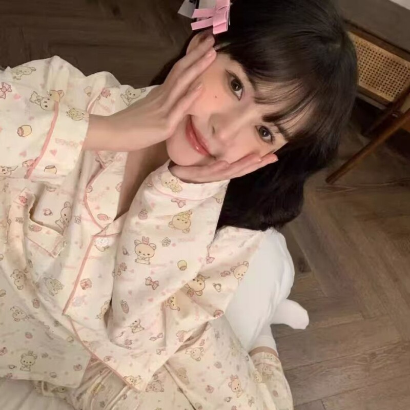 带胸垫睡衣女春秋款长袖长裤纯棉秋冬季可爱家居服套装轻松熊粉色