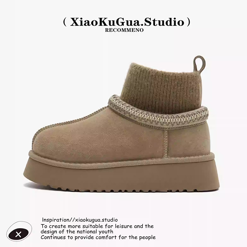 加绒雪地靴女2025新款冬季厚底靴保暖短靴子毛毛棉鞋毛绒防水沙色