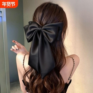 法式赫本风蝴蝶结发夹飘带黑色缎面盘发器后脑勺弹簧夹边夹红色