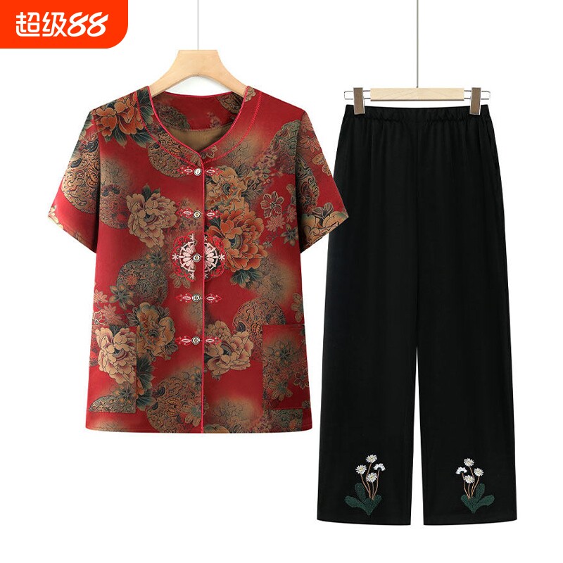 奶奶夏季短袖套装妈妈T恤两件套图片