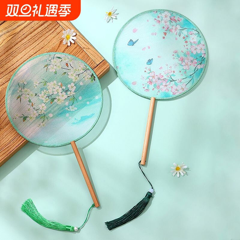 团扇古风扇子儿童夏半透长柄流苏舞蹈扇女古装汉服旗袍丝质小圆扇
