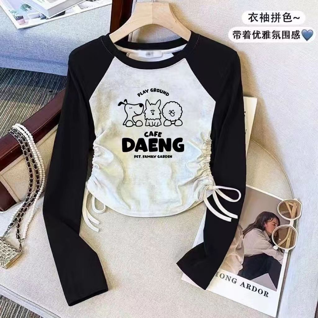 女童春秋季长袖纯棉T恤2024新款儿童洋气抽绳中大童打底上衣F蝴蝶