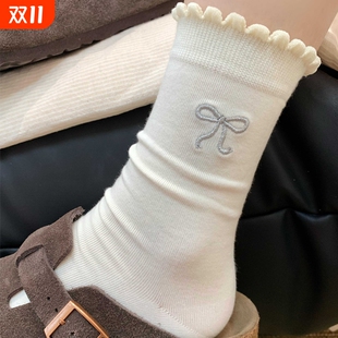 蝴蝶结袜子女款 花边堆堆ins潮中筒新疆棉袜黑色甜美灰色 2025新款