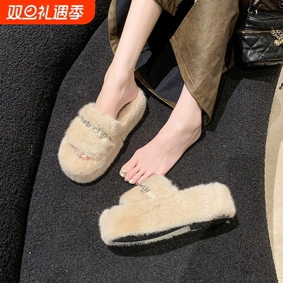 厚底毛毛拖鞋女秋冬季外穿高级感2025新款网红水钻保暖棉拖ins潮