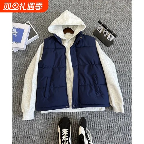 美式藏青色马甲棉服男女秋冬款运动加厚保暖无袖背心立领棉衣外套