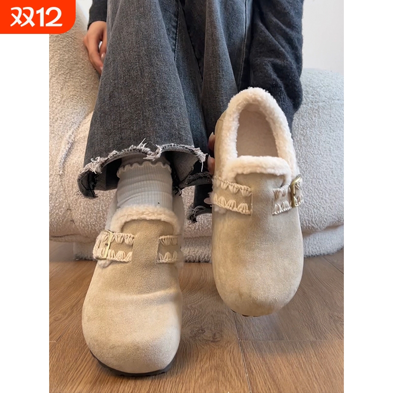 百打加绒保暖平底棉鞋冬季女款