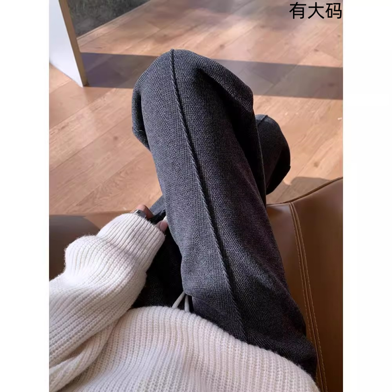 灰色直筒裤女秋冬加绒2025新款人字纹毛呢裤窄版阔腿裤女大码加长