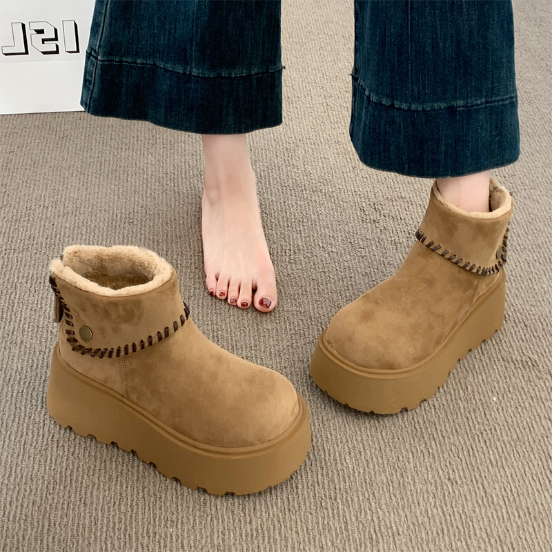 雪地靴女款2025新款冬季防滑保暖棉鞋皮毛一体加绒加厚大棉靴棕色