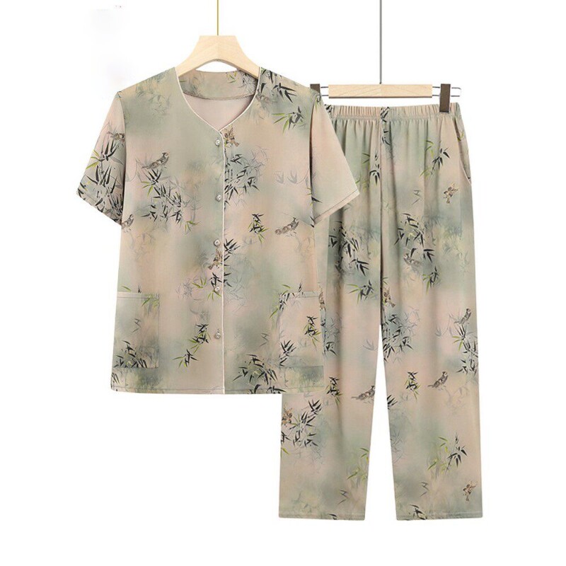 奶奶装夏季短袖套装中老年人女装衬衫两件套老年人夏装女衣服裤子