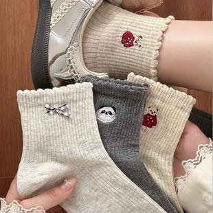 米色 爆款 可爱刺绣棉袜子女士蝴蝶结短袜春秋季 纯色吸汗透气25新款