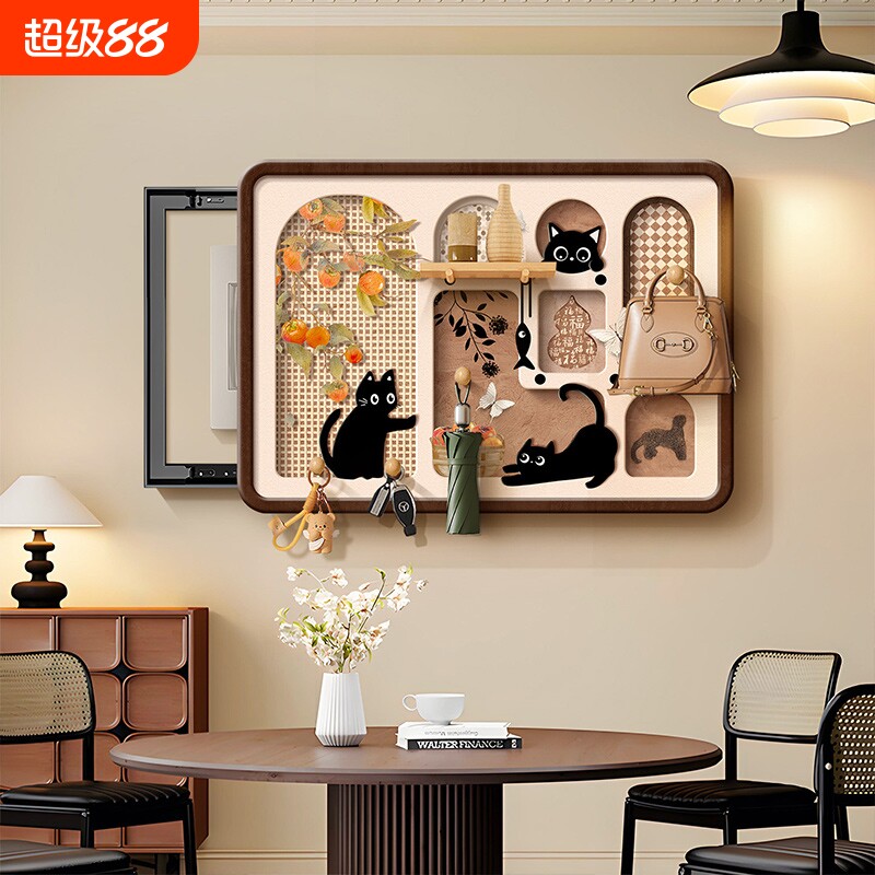 中古风洞洞板电表箱装饰画配电箱遮挡置物架壁画免打孔推拉客厅图片