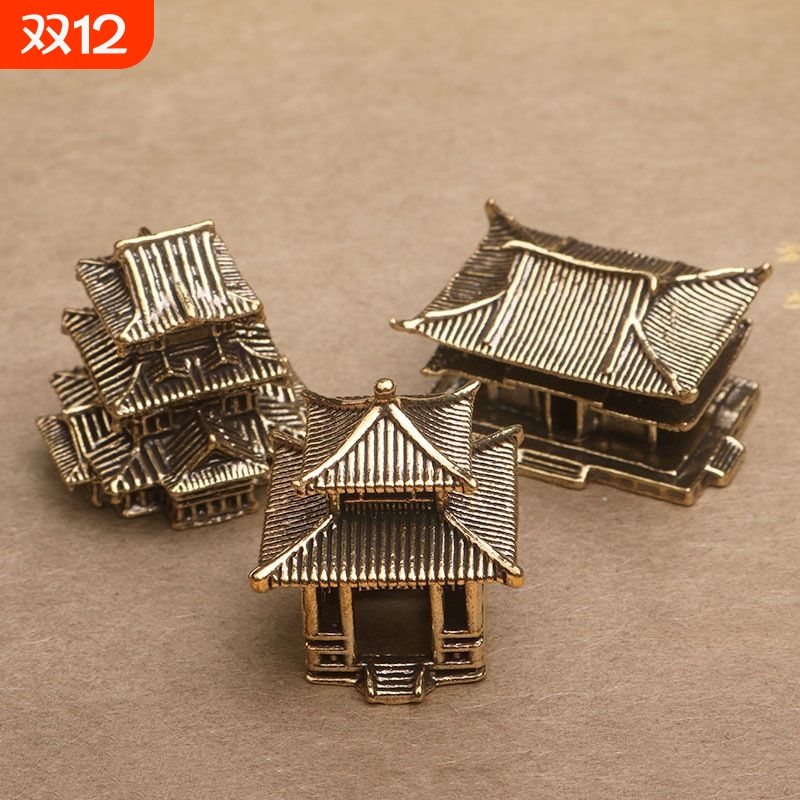 黄铜客栈造景小摆件假山奇石水陆鱼缸庭院盆景书房古建筑古楼模型