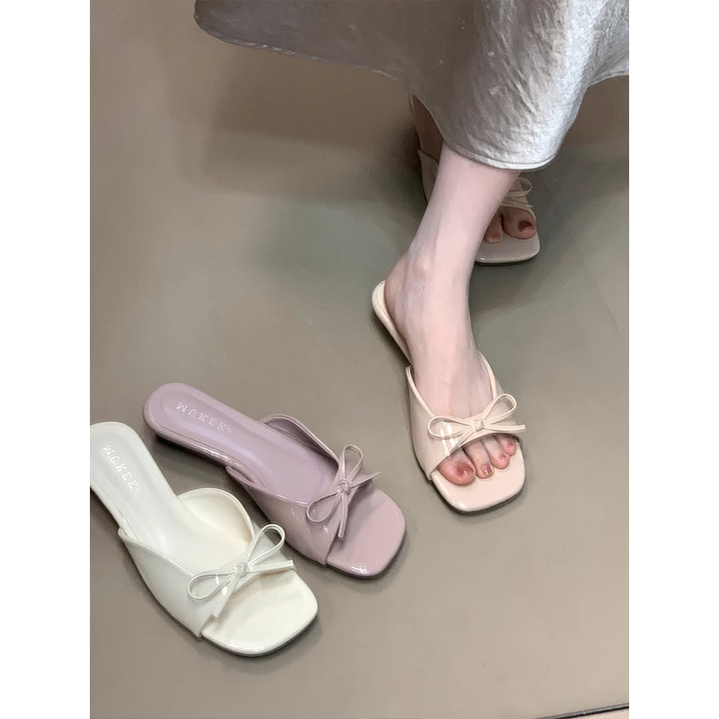 法式温柔蝴蝶结一字带坡跟凉拖鞋女夏外穿配裙子气质鱼嘴凉鞋平跟