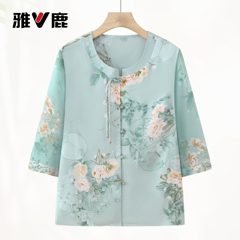 雅鹿正品妈妈夏季上衣大码奶奶装衬衫老太太衣服新中式款洋气薄款