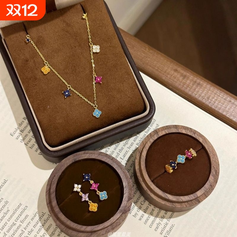 中古复古气质四叶草锆石耳钉彩色滴釉高级感耳环夏天甜美耳饰项链