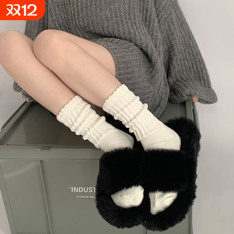 袜子女款中筒长袜堆堆袜搭配小皮鞋女袜黑白色长筒袜春秋款小腿袜