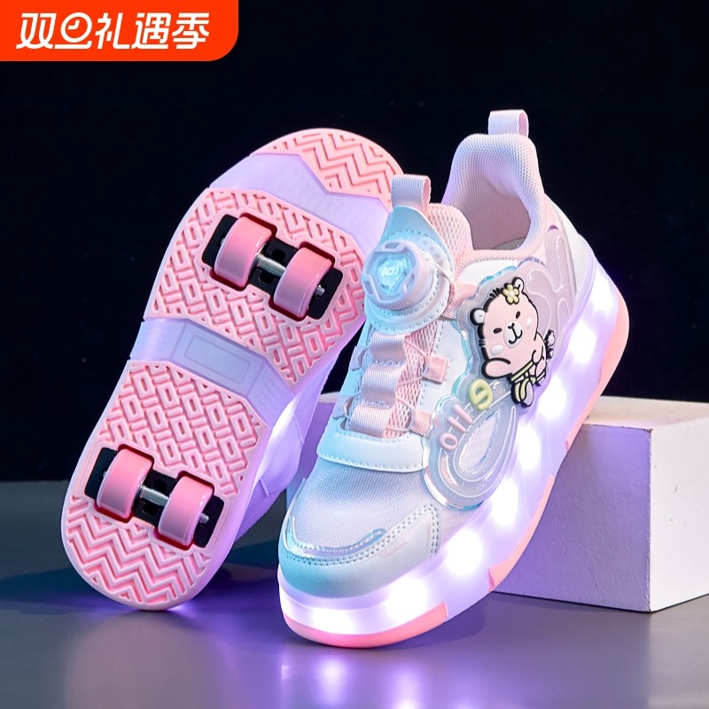 卡皮巴拉女童轮滑鞋2025夏秋新款儿童网面透气闪灯运动暴走鞋大童