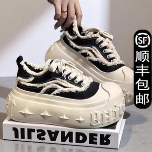 子牛仔增高大头面包鞋 夏秋季 女鞋 女2025松糕新款 厚底小个子帆布鞋