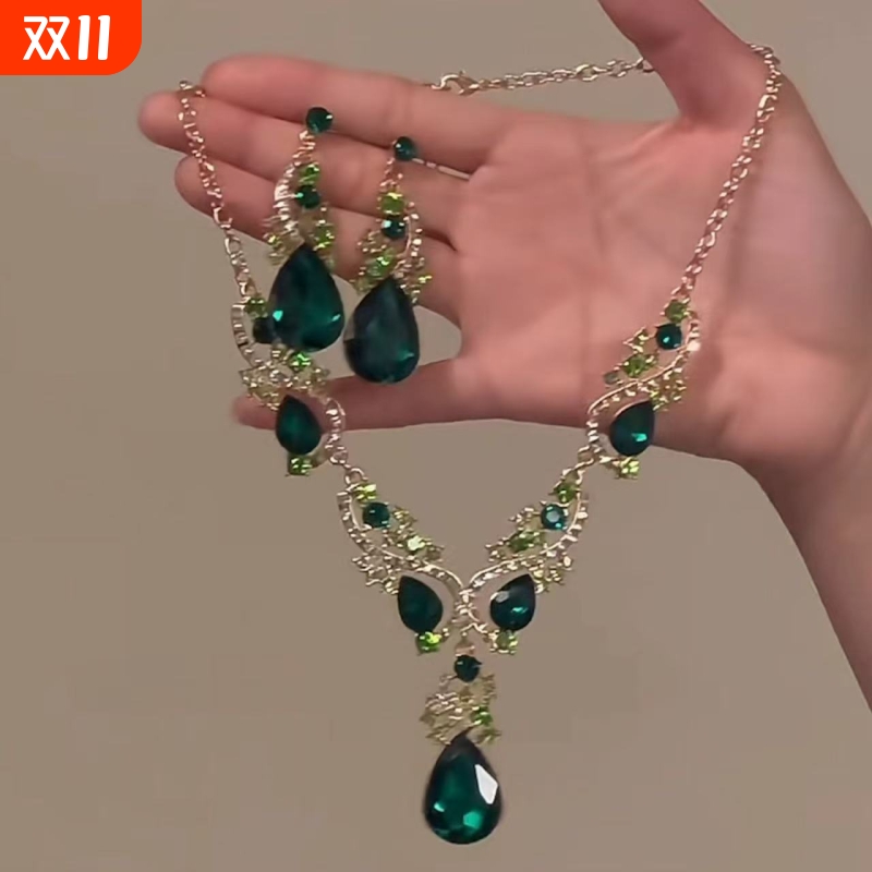 欧美风绿色水滴项链耳环套装