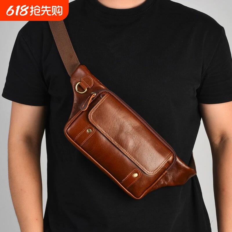 头层牛皮男士腰包户外运动简约手机包男包休闲时尚个性包包斜挎包