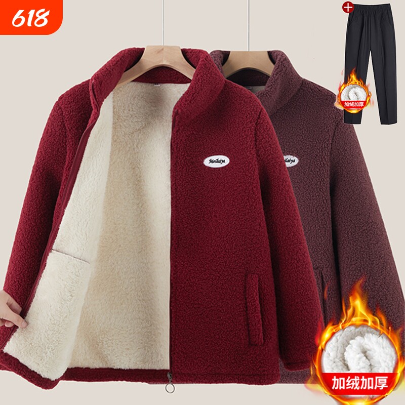 妈妈羊羔毛外套冬季加绒加厚棉服中老年女秋冬时尚奶奶装保暖棉衣