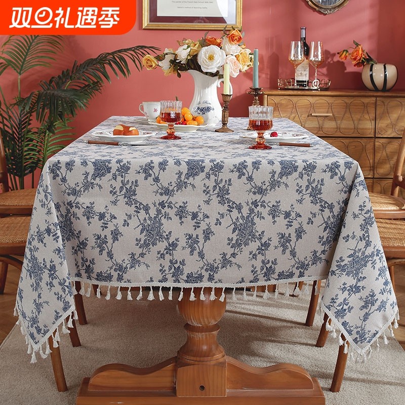 复古青花瓷中式古典棉麻桌布布艺简约餐桌垫日式茶几台布蕾丝花边