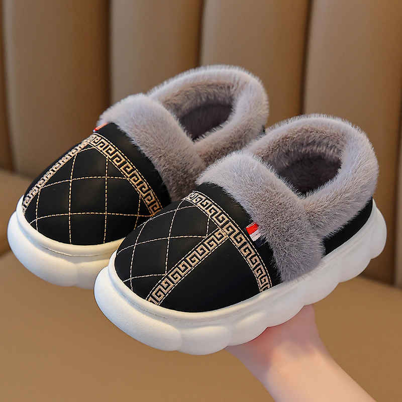 冬季亲子成人棉拖鞋包跟加绒加厚pu皮防水男女童居家保暖儿童棉鞋