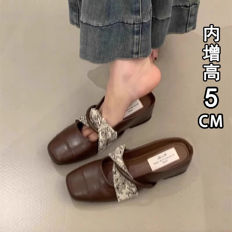 法式内增高包头半拖鞋女夏外穿2025新款一脚蹬高跟玛丽珍单鞋凉拖