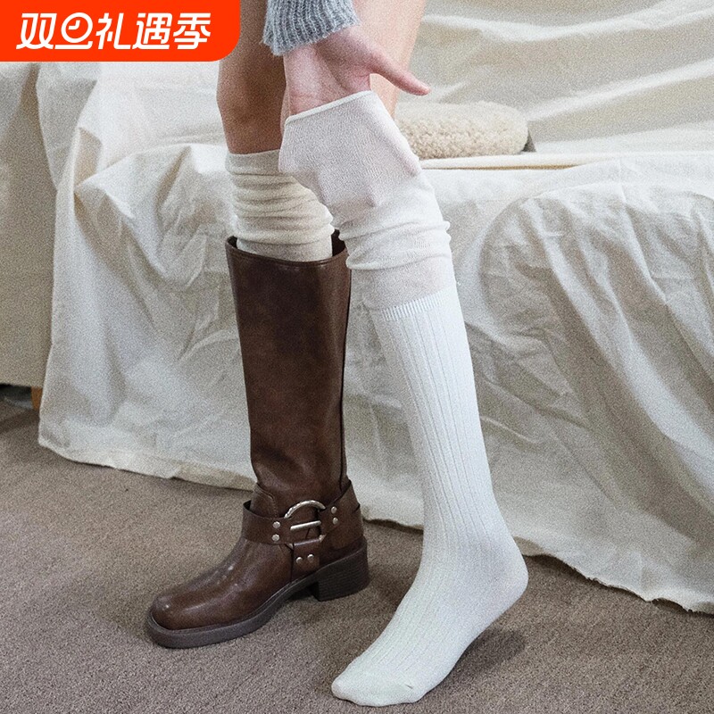 配靴子的袜子女长筒过膝袜白色春秋堆堆美拉德秋冬长靴jk长袜短靴