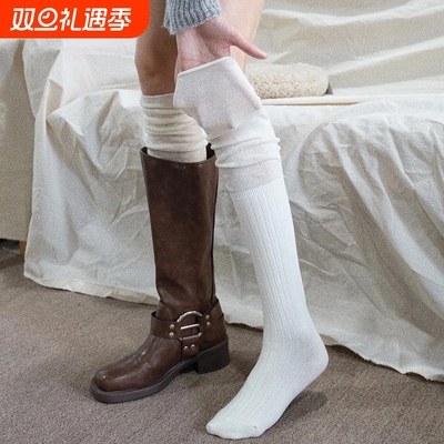 配靴子的袜子女长筒过膝袜白色春秋堆堆美拉德秋冬长靴jk长袜短靴
