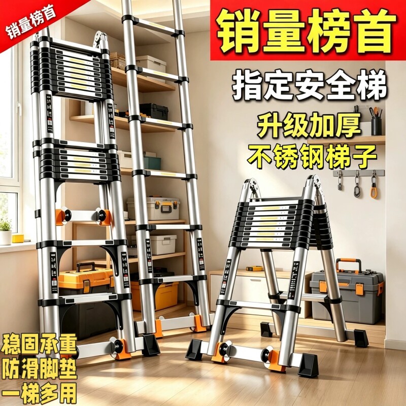 加厚不锈钢伸缩梯子家用折叠人字梯多功能工程升降便携室内登高梯