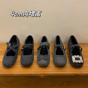 灰色水钻内增高玛丽珍鞋女秋冬外穿新款韩版呢子单鞋加绒保暖棉鞋