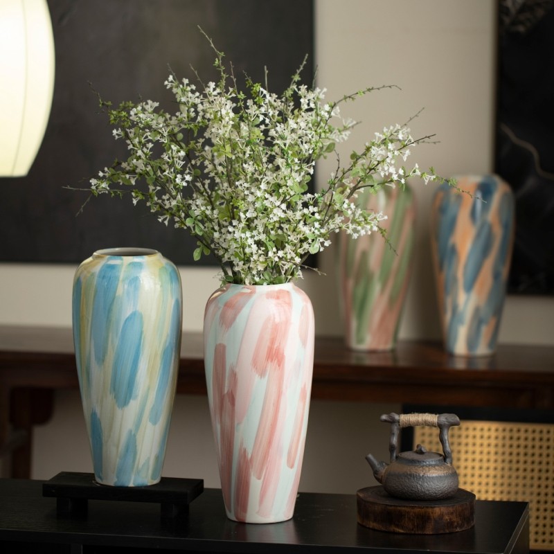 景德镇新中式陶瓷花瓶高级感装饰品彩色水培花器客厅玄关插花摆件