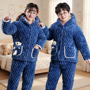 冬季儿童睡衣三层夹棉加厚加绒珊瑚绒男女童家居服棉袄特厚居家