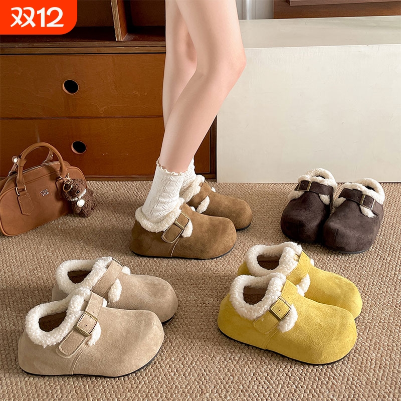 加绒加厚厚底雪地棉鞋女款2025新款冬季保暖外穿勃肯毛毛鞋子白色