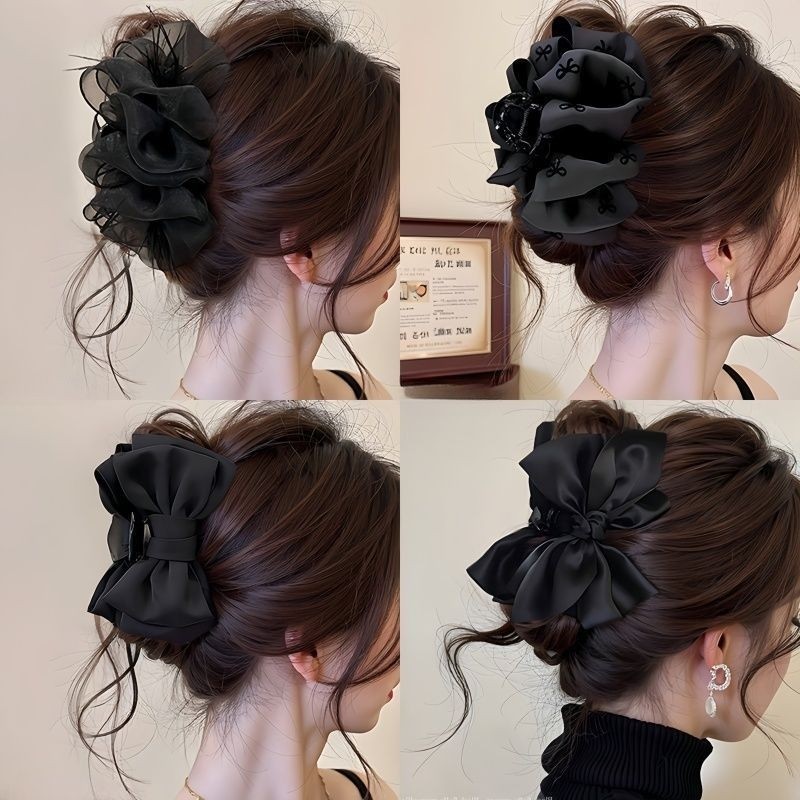 黑色缎面蝴蝶结大号抓夹羽毛云朵泡泡发夹超仙黑色抓夹高级感发饰