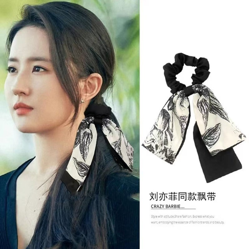 刘亦菲同款水墨印花蝴蝶结飘带发圈女2025新款发带缎面发绳头发绳