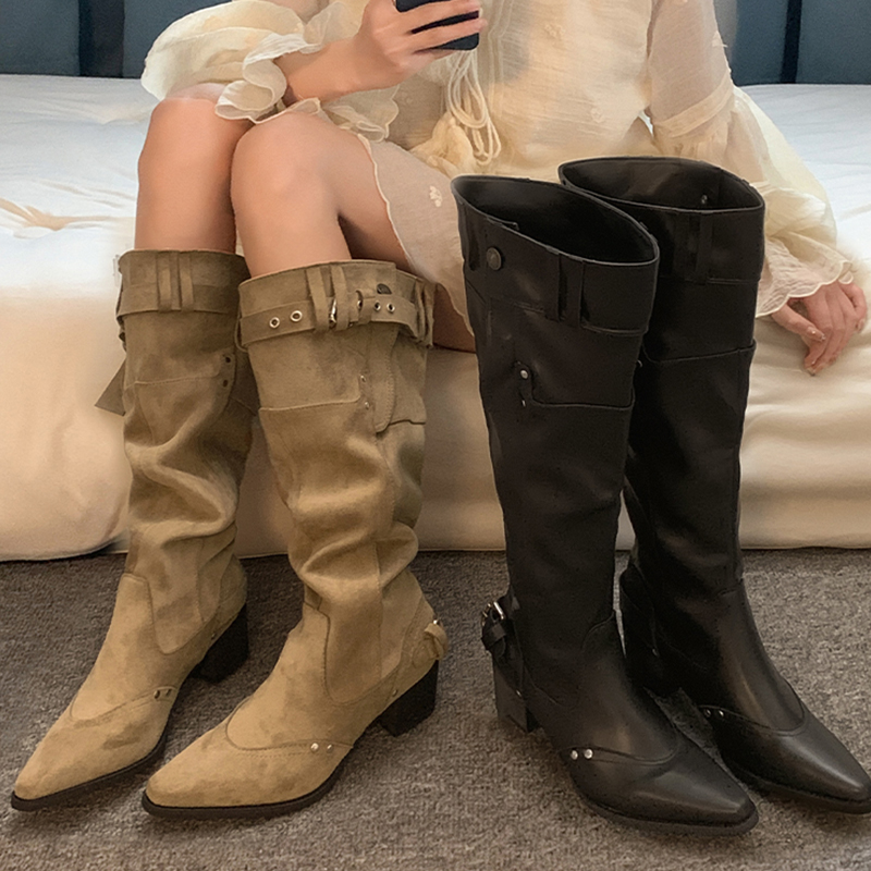 贾不假长筒靴女2025秋季长靴黑色靴子美拉德尖头堆堆靴高跟粗跟