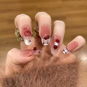 手工美甲穿戴甲中长款新年法式猫眼蝴蝶结糖葫芦显白渐变贴片红色