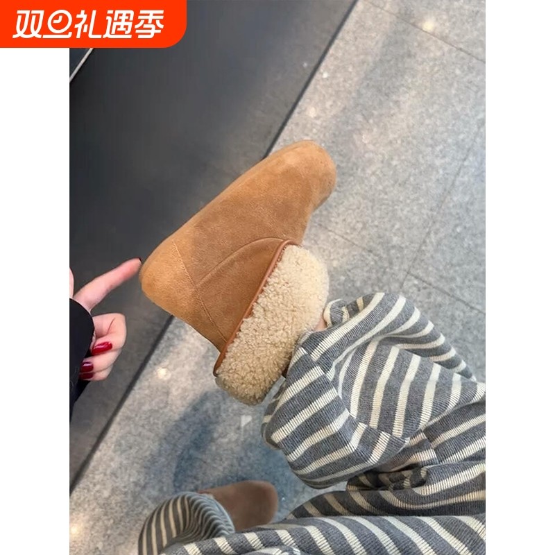 真皮增高雪地靴女冬季加绒厚底毛毛短靴加厚保暖两穿复古勃肯棉鞋