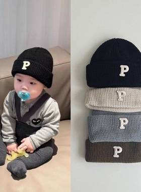 ins婴儿帽子秋冬宝宝针织帽子保暖百搭冬季P字母纯色加厚毛线帽子